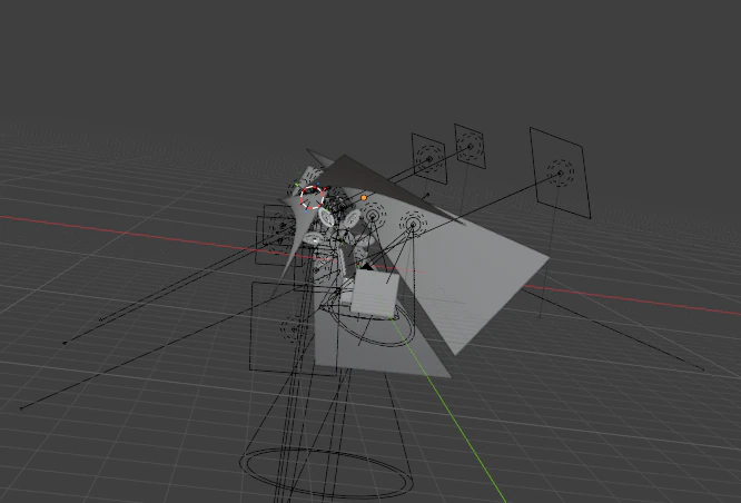 Vista general del archivo de Blender: c?maras, luces y planos organizados alrededor de las escenas.