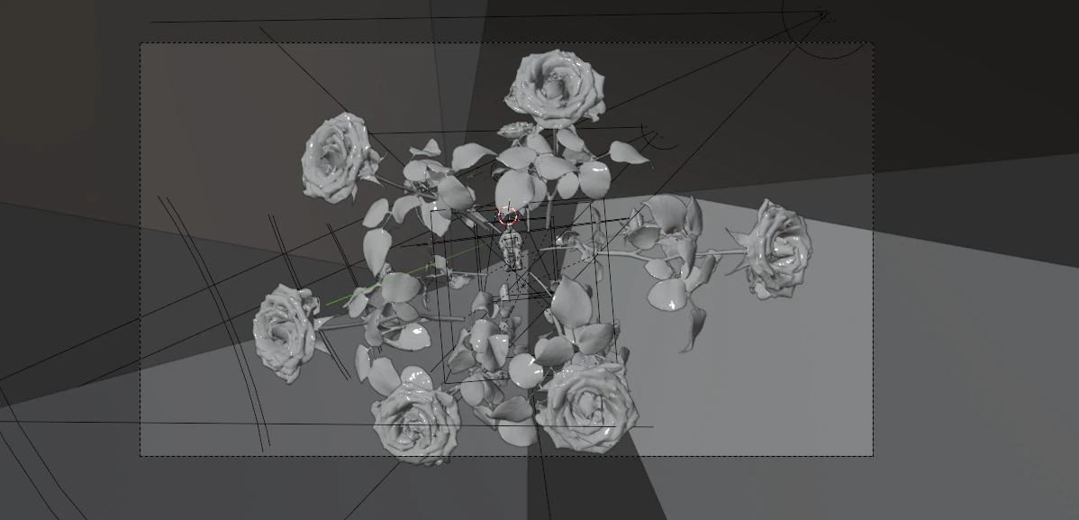 Distribuci?n de rosas, c?maras y luces antes del render.